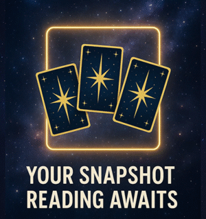 Galaxy background with glowing oracle cards and the text “Your Snapshot Reading Awaits”