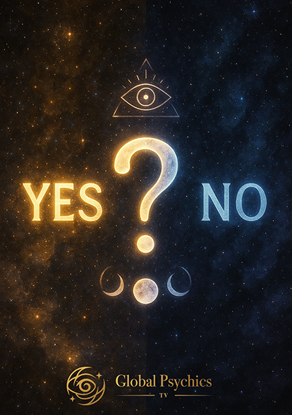 yes or no psychic reading - Mystical abstract image featuring a glowing yes/no symbol, cosmic energy, and spiritual light to represent quick psychic answers