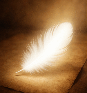 Spirit Guide Message Reading- Glowing white feather floating in soft light over ancient parchment, symbolizing a spirit message