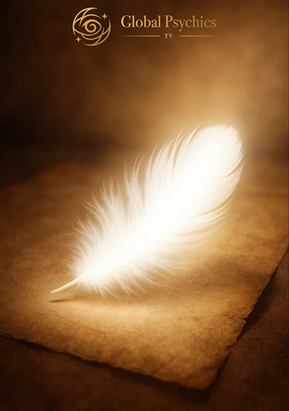 Spirit Guide Message Reading- Glowing white feather floating in soft light over ancient parchment, symbolizing a spirit message