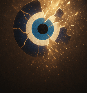 Spirit Attachment Clearing and Evil Eye Removal , Cracked evil eye symbol dissolving into golden light, representing spiritual cleansing and protection