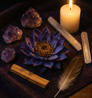 Dried Blue Lotus Flower petals on sacred cloth, surrounded by crystals and soft candlelight