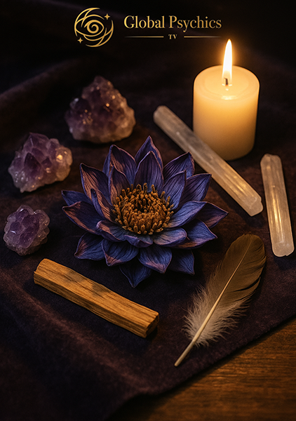 Dried Blue Lotus Flower petals on sacred cloth, surrounded by crystals and soft candlelight