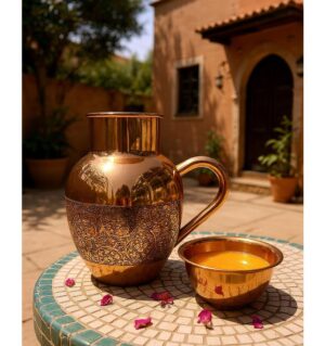 Engraved Copper Jug with Lid Cup – 20cm 950ML Pure Copper Floral Design