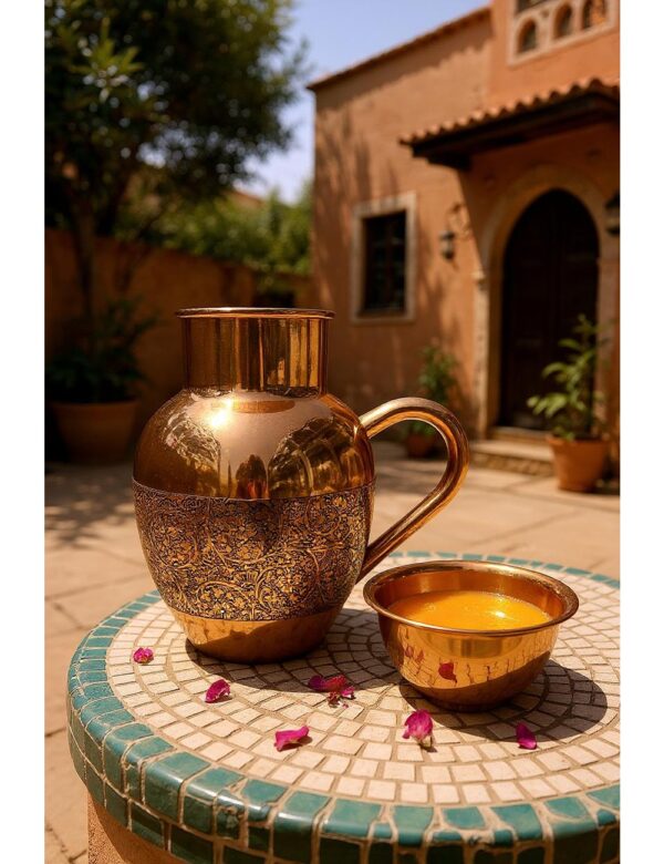 Engraved Copper Jug with Lid Cup – 20cm 950ML Pure Copper Floral Design
