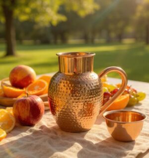 Hammered Copper Jug with Lid Cup – 20cm 950ML Pure Copper Ayurvedic Jug