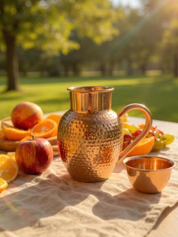 Hammered Copper Jug with Lid Cup – 20cm 950ML Pure Copper Ayurvedic Jug