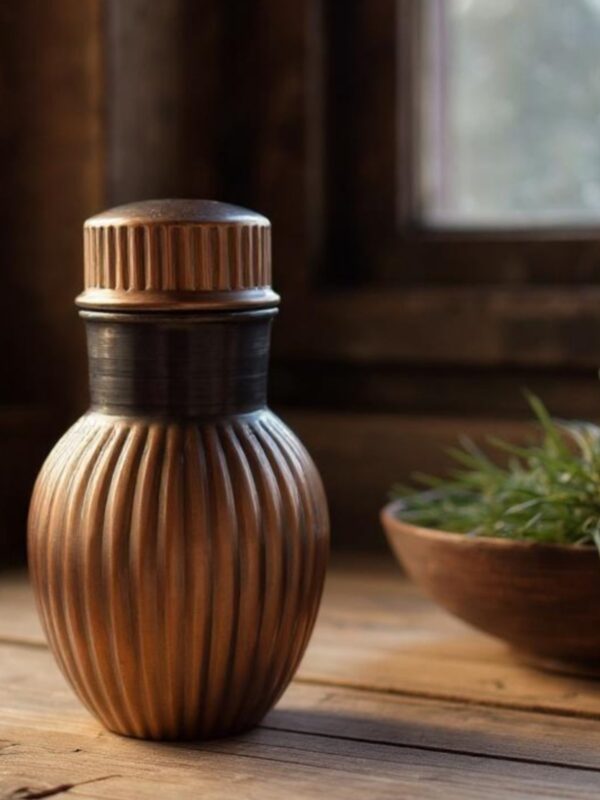 Ribbed Copper Storage Jar with Lid – 20cm Pure Copper Ayurvedic Container