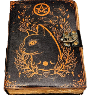 Grimoire leather diary with black cat and pentacle design – 13 x 18 cm