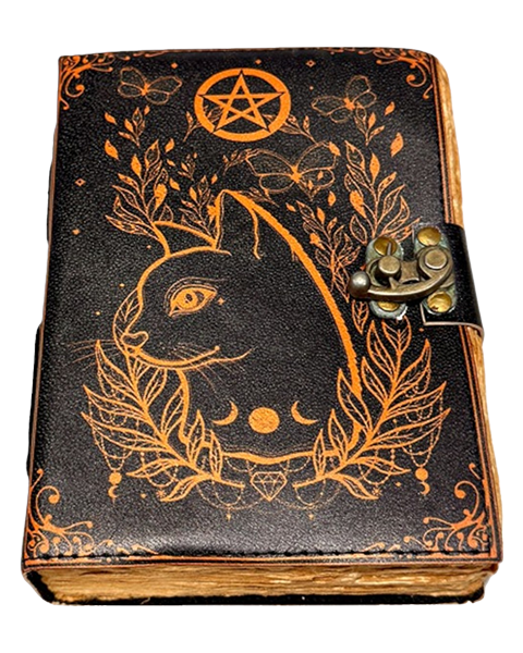 Grimoire leather diary with black cat and pentacle design – 13 x 18 cm