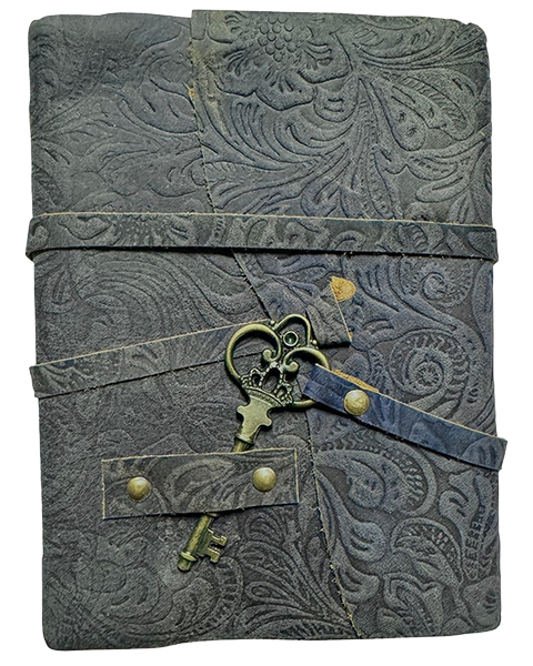 Blue Floral Leather Diary with Rope Tie and Brass Key 13 x 18 cm