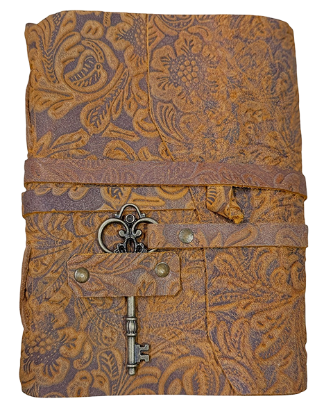 Brown Floral Leather Diary with Rope Tie and Brass Key 13 x 18 cm