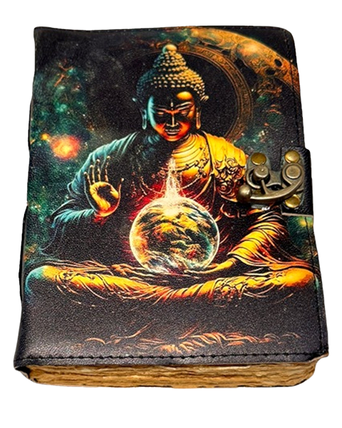 Buddha print leather diary with latch closure – 13 x 18 cm