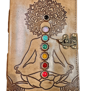Chakra Energy Leather Latch Up Diary - with seven gemstones and meditating figure design – 13x18 cm handcrafted journal.