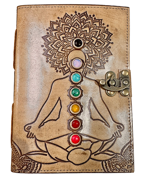 Chakra Energy Leather Latch Up Diary - with seven gemstones and meditating figure design – 13x18 cm handcrafted journal.