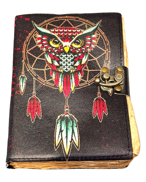 Colorful owl leather diary with dreamcatcher design – 13 x 18 cm