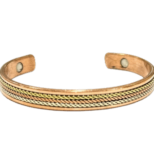 Tri Tone Magnetic Copper Bracelet with braided copper, brass, and silver-toned design for wellness and balance