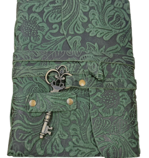 Green Floral Leather Diary with Rope Tie and Brass Key - 13 x 18 cm