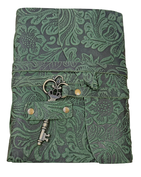 Green Floral Leather Diary with Rope Tie and Brass Key - 13 x 18 cm