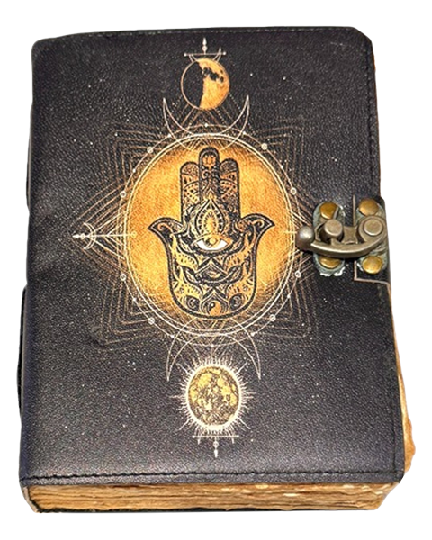 Handmade Hamsa Leather Diary with celestial design and latch closure – 13 x 18 cm