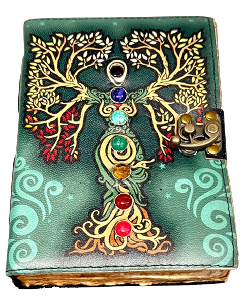 Handmade Mother Nature leather diary - Mother Nature chakra gemstone leather diary with latch closure – 13 x 18 cm