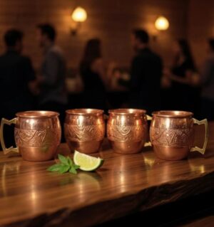 Copper Shot Glasses Middle Carved Set of 4 with Box