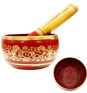 Red Brass Singing Bowl – Root Chakra Healing Bowl (14 cm) with golden elephant design and wooden striker