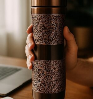 Tagott Etching Copper Travel Bottle – 950ML Handcrafted Indian Floral Engraved Design