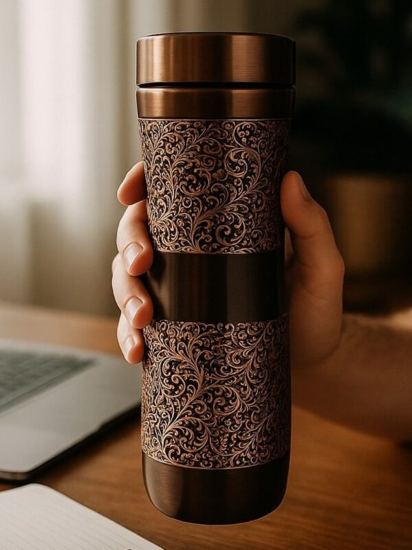 Tagott Etching Copper Travel Bottle – 950ML Handcrafted Indian Floral Engraved Design